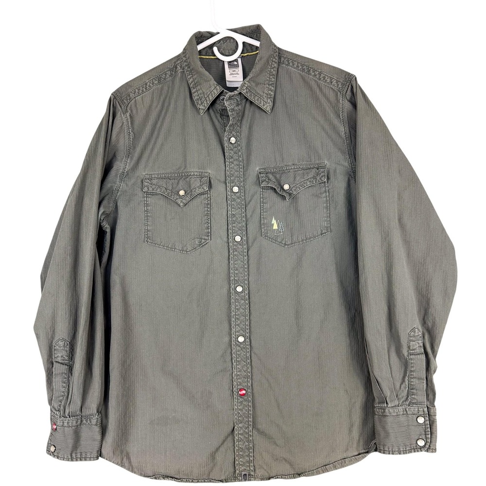The North Face Shirt Mens Medium Gray Western Snap Mountain Graphic Long Sleeve